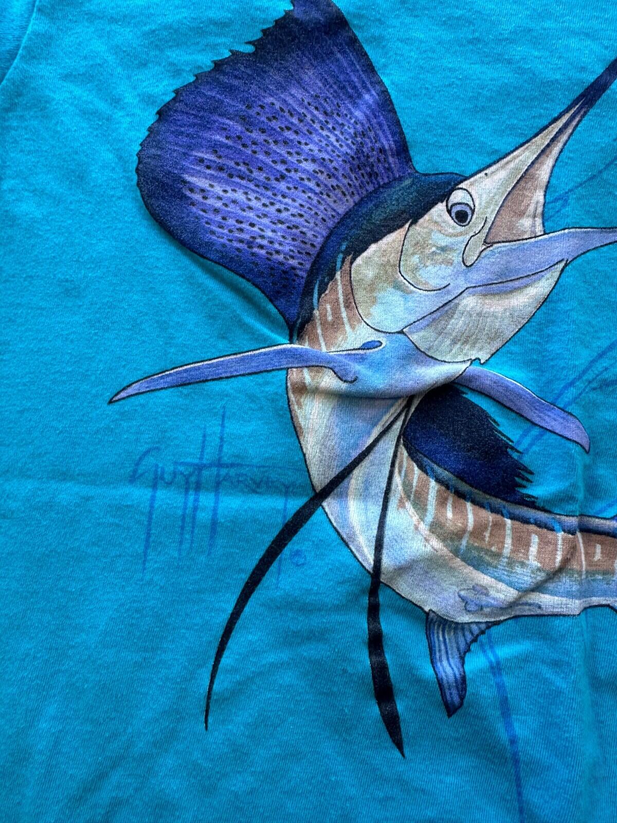 Guy Harvey T shirt medium sword fish paint splattered fitted style sport fishing