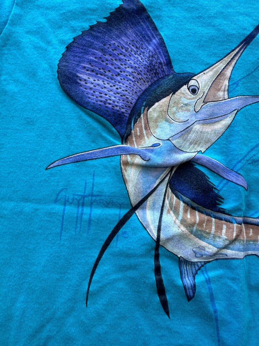 Guy Harvey T shirt medium sword fish paint splattered fitted style sport fishing