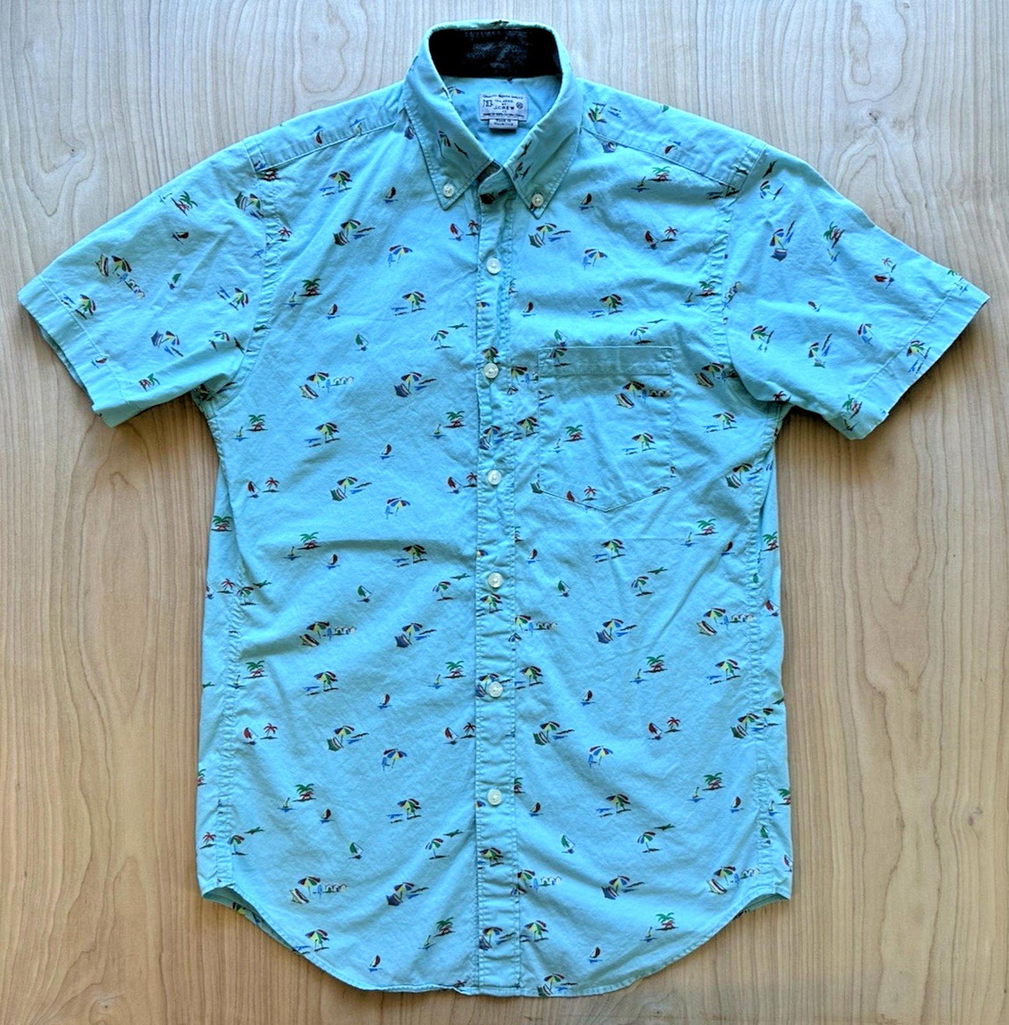 J CREW OXFORD beach print BUTTON UP teal SAILBOAT xtra small PREPPY