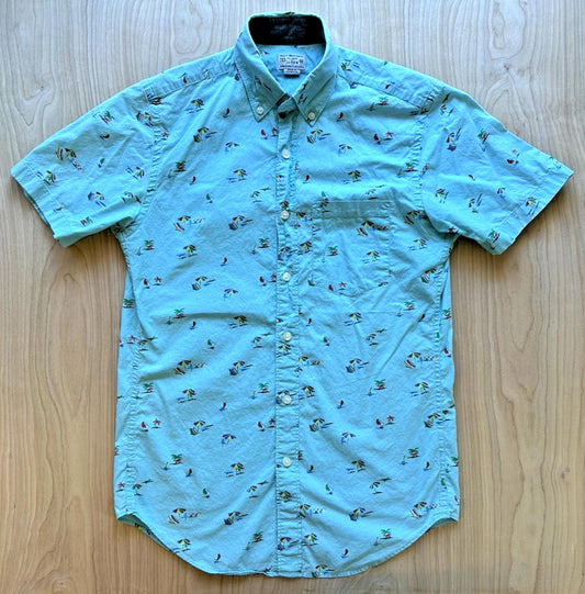J CREW OXFORD beach print BUTTON UP teal SAILBOAT xtra small PREPPY