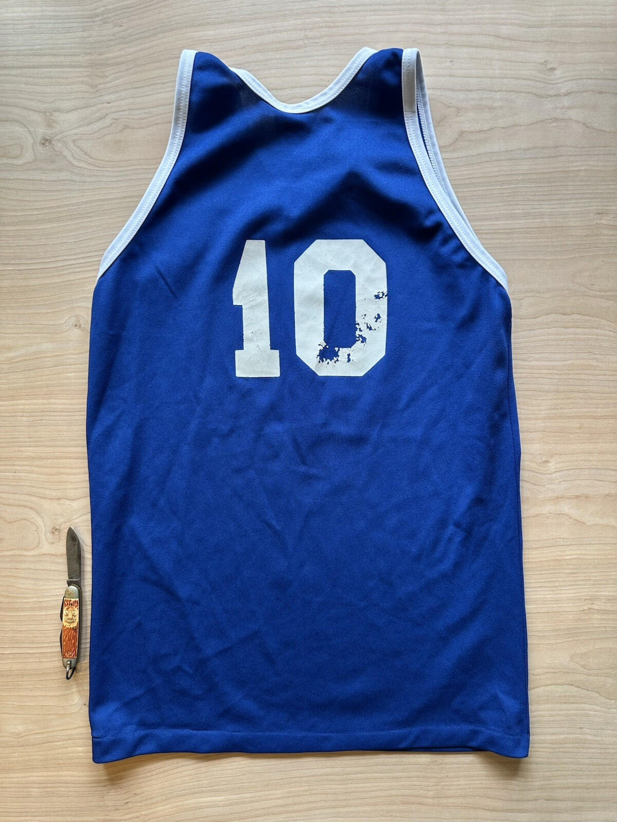 vintage 90's BASKETBALL jersey LARGE blue and white ringer FADED worn #10 NJHC
