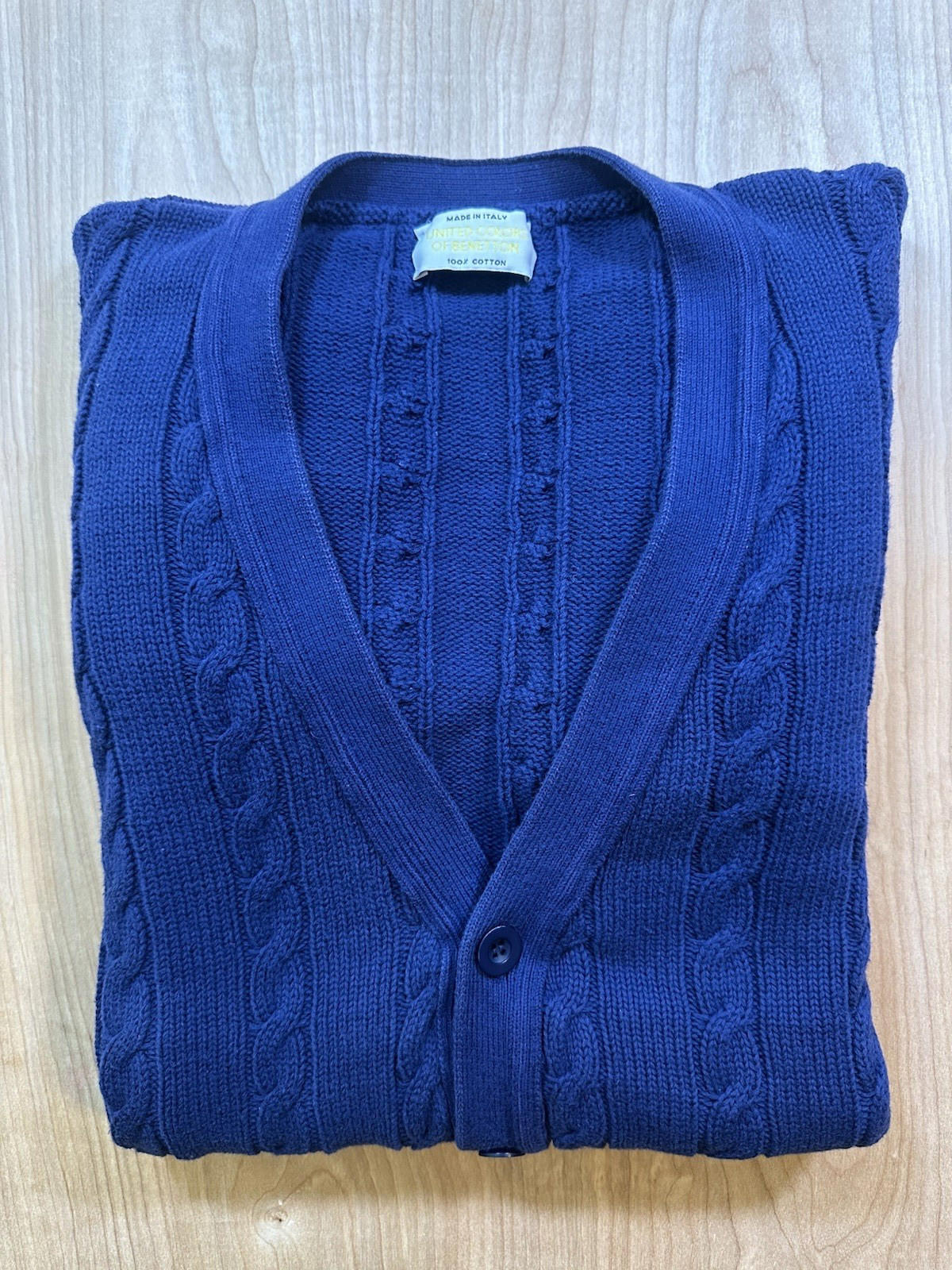 vintage 90's BENETTON cardigan STRANGER THINGS blue COTTON cable knit ITALY prep