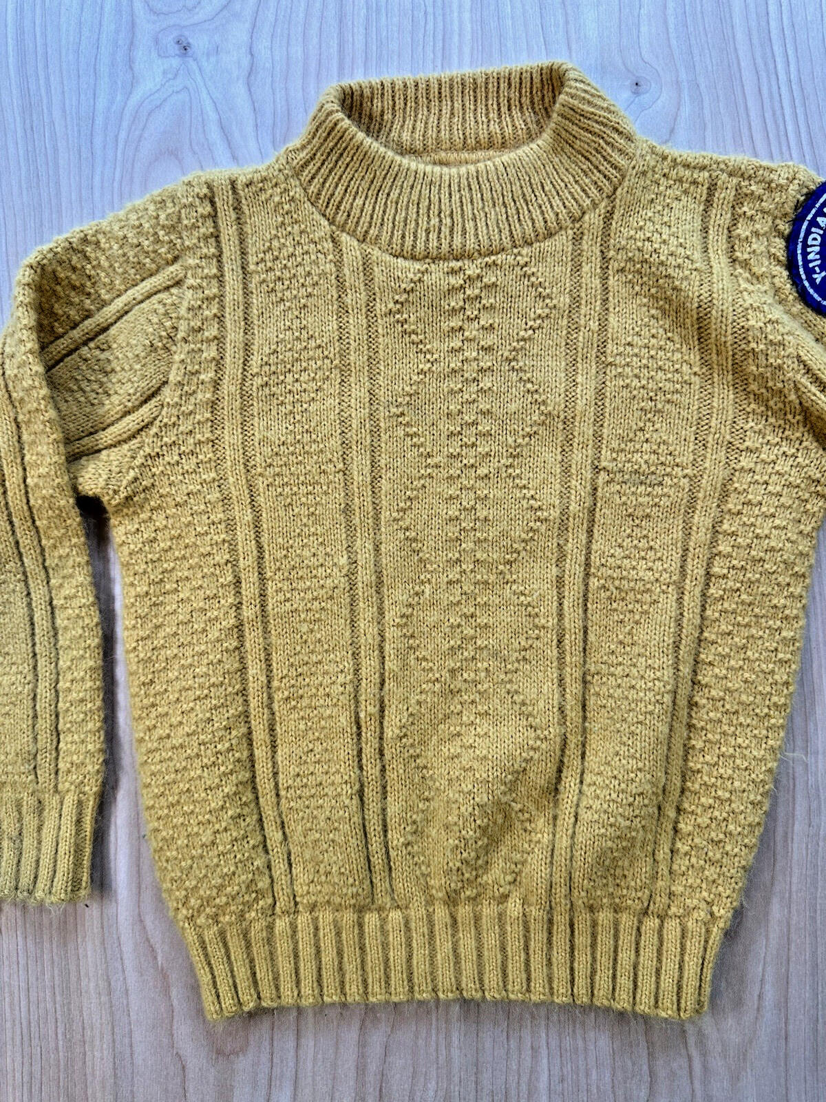 vintage kid size mustard yellow BOY SCOUT SWEATER mock neck home made 1970's