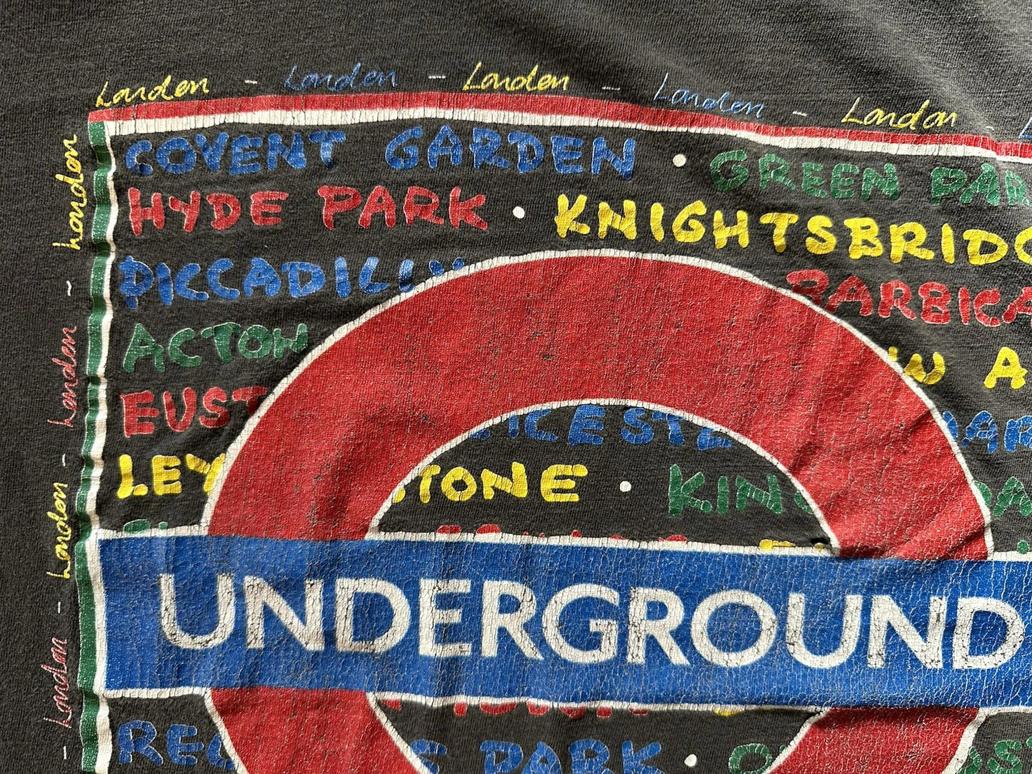 vintage 1991 LONDON UNDERGROUND t shirt LARGE cotton BLACK boho PUNK shred wear