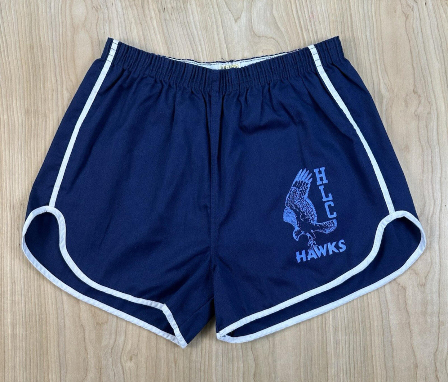 vintage 80's GYM SHORTS large BLUE with WHITE PIPING velva sheen HAWKS LOGO usa