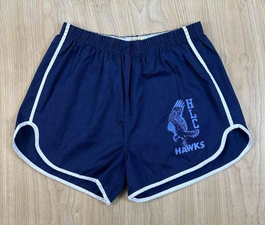 vintage 80's GYM SHORTS large BLUE with WHITE PIPING velva sheen HAWKS LOGO usa