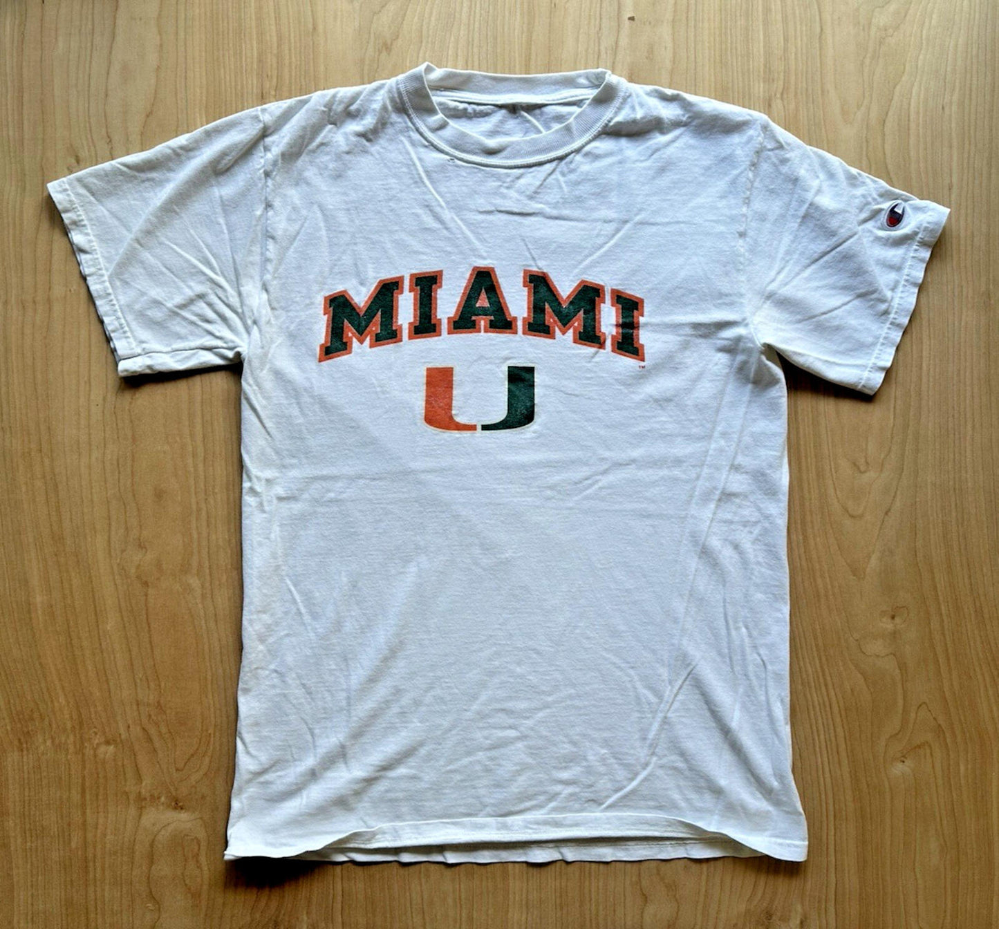 vintage UNIVERSITY OF MIAMI champion T SHIRT worn out FADED medium WHITE soft