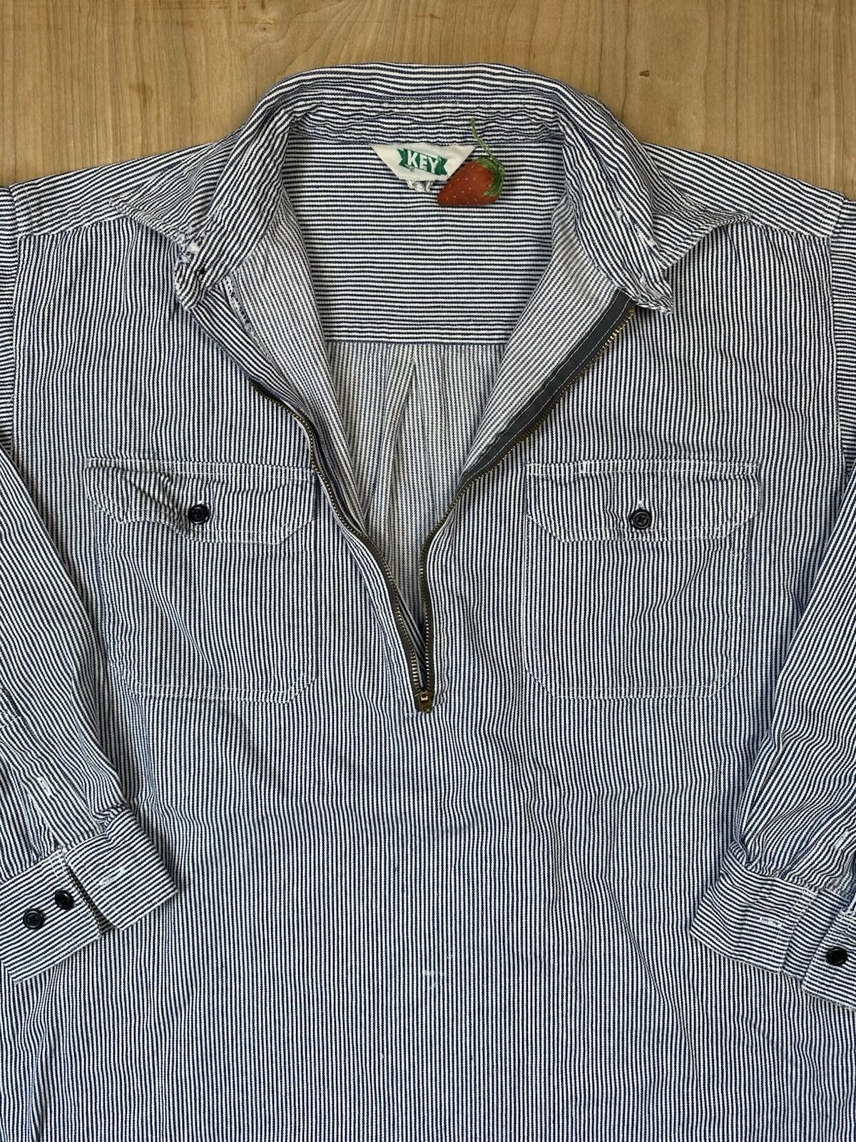 vintag 80's KEY hickory stripe logger workshirt COTTON large ZIP UP WORKWEAR