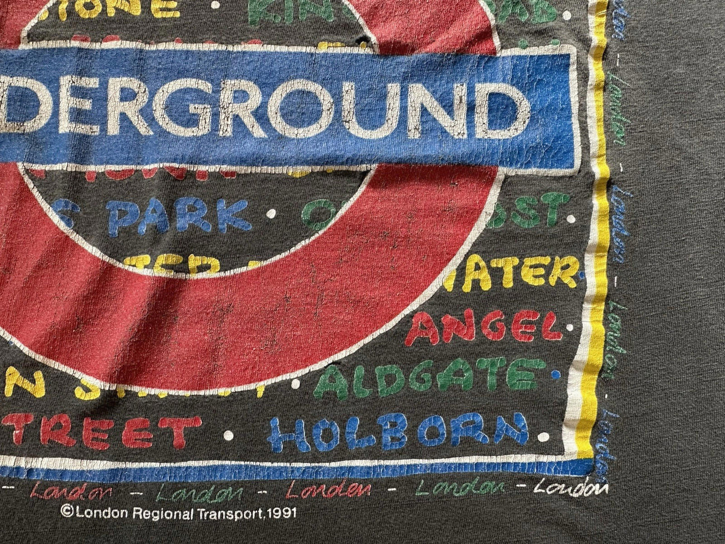 vintage 1991 LONDON UNDERGROUND t shirt LARGE cotton BLACK boho PUNK shred wear