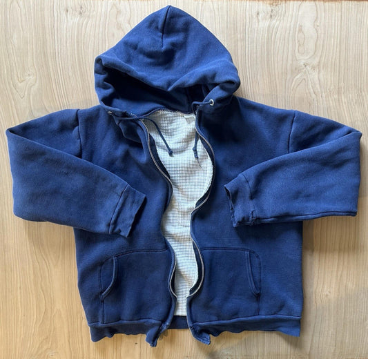 vintage 70's WAFFLE lined DBL HOODED zip up SWEATSHIRT shredded YKK ZIP faded