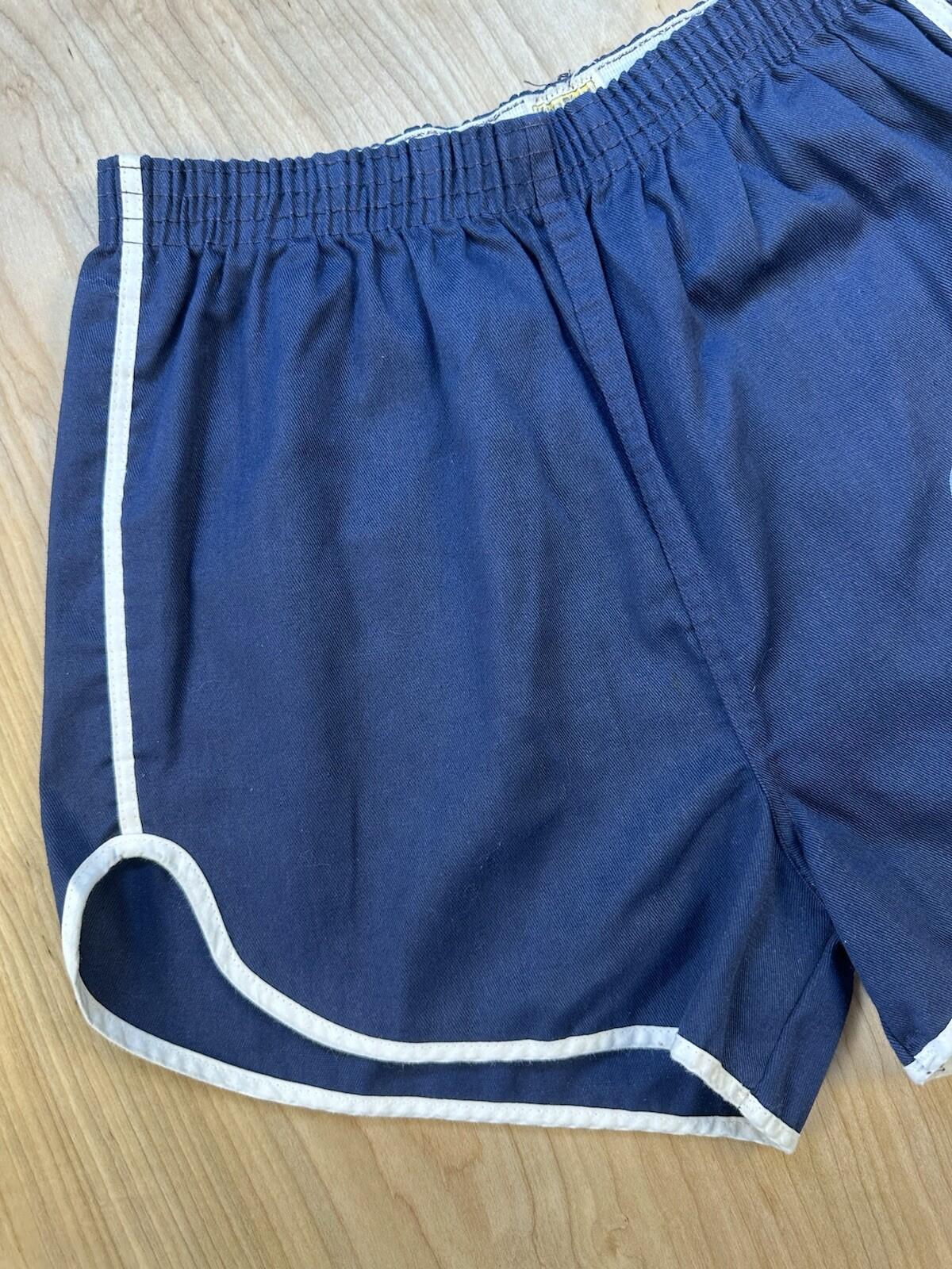 vintage 80's GYM SHORTS large BLUE with WHITE PIPING velva sheen HAWKS LOGO usa
