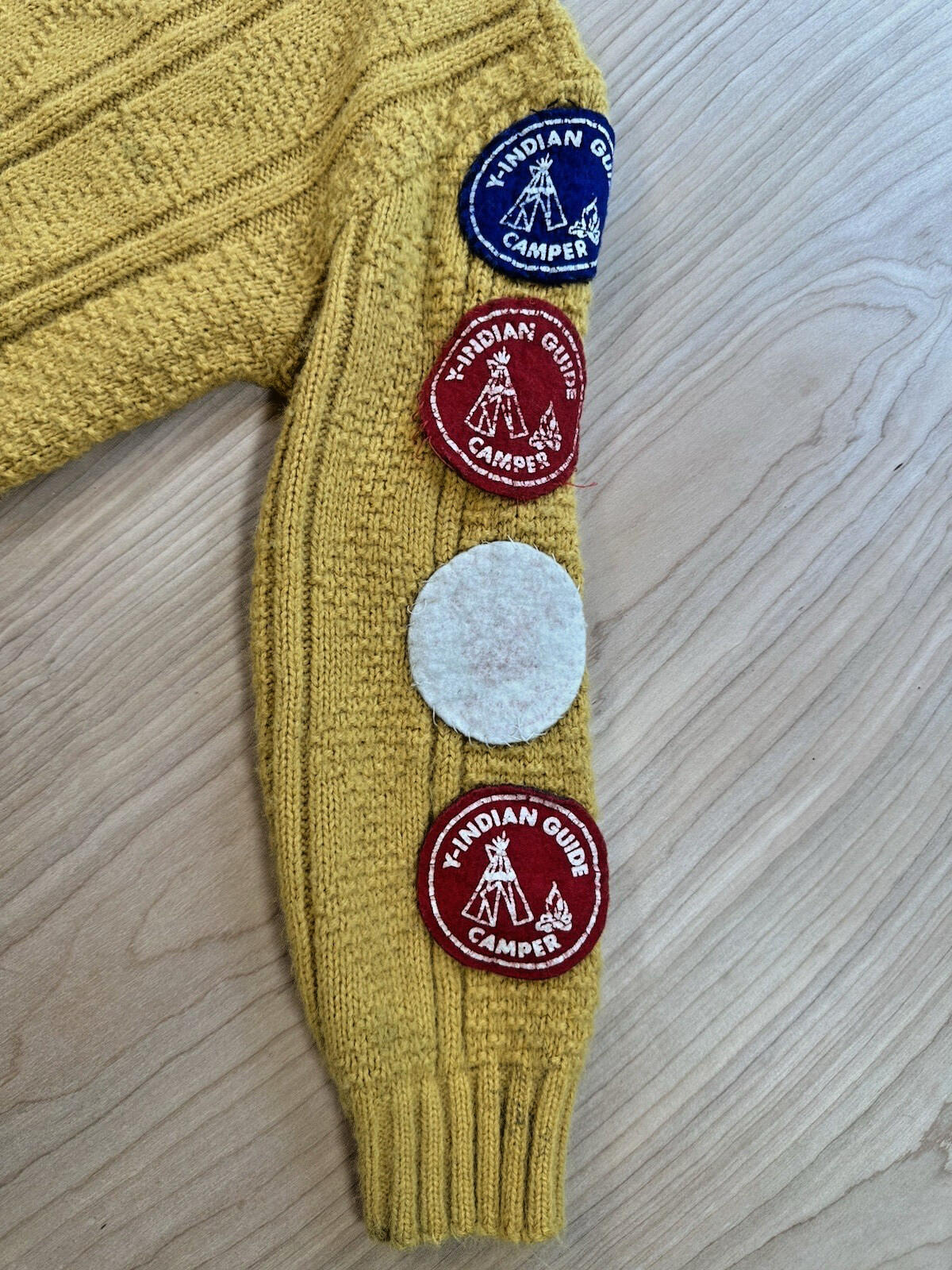 vintage kid size mustard yellow BOY SCOUT SWEATER mock neck home made 1970's