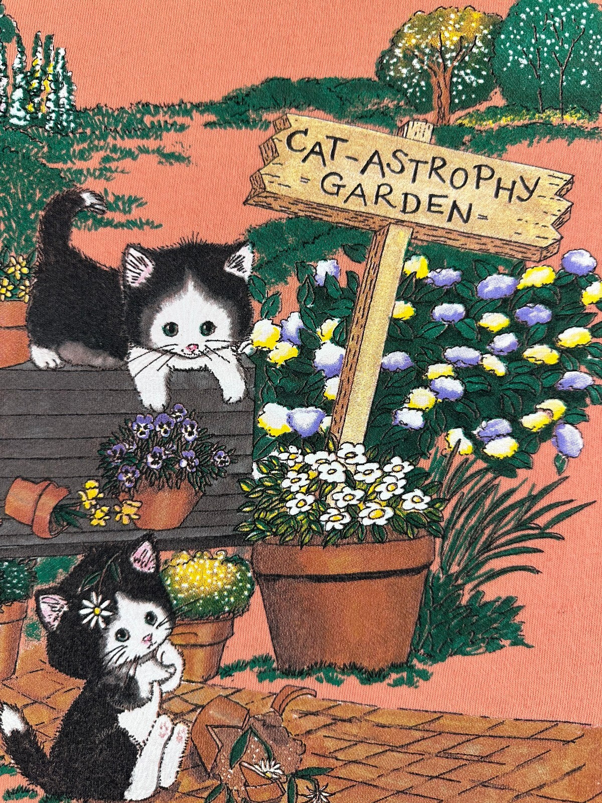 Vintage 90s Cat Garden tshirt xxl kittens cute cottage cotton funny