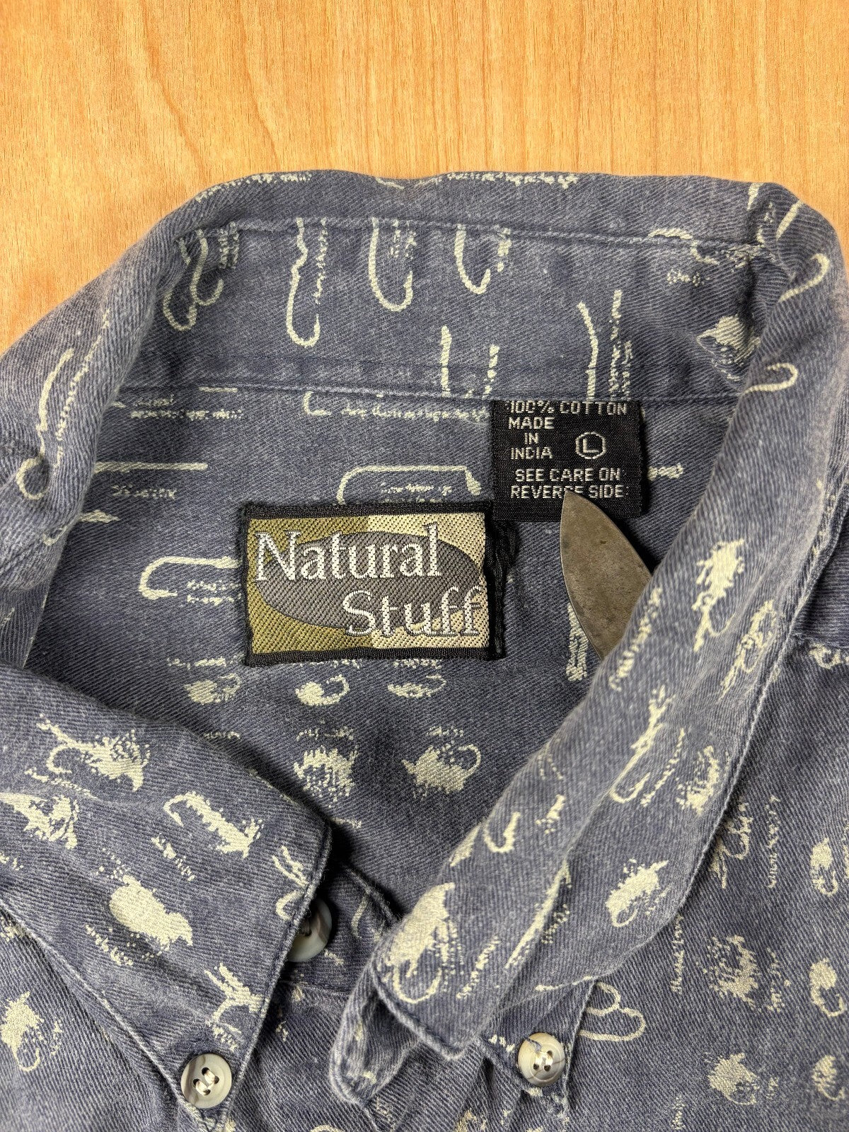 Vintage 90s Natural Stuff Fishing Lure button up large 100% cotton made in india