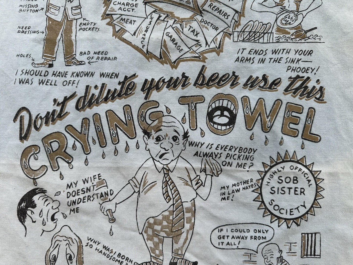 vintage 50's 60's bar ware TEA crying TOWEL cartoon comedy TATTOO FLASH