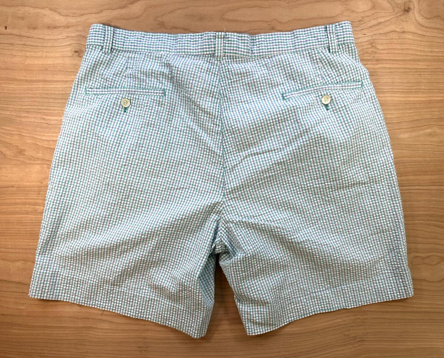 vintage 80's IZOD pleated SHORTS green and blue GINGHAM seersucker PREPPY