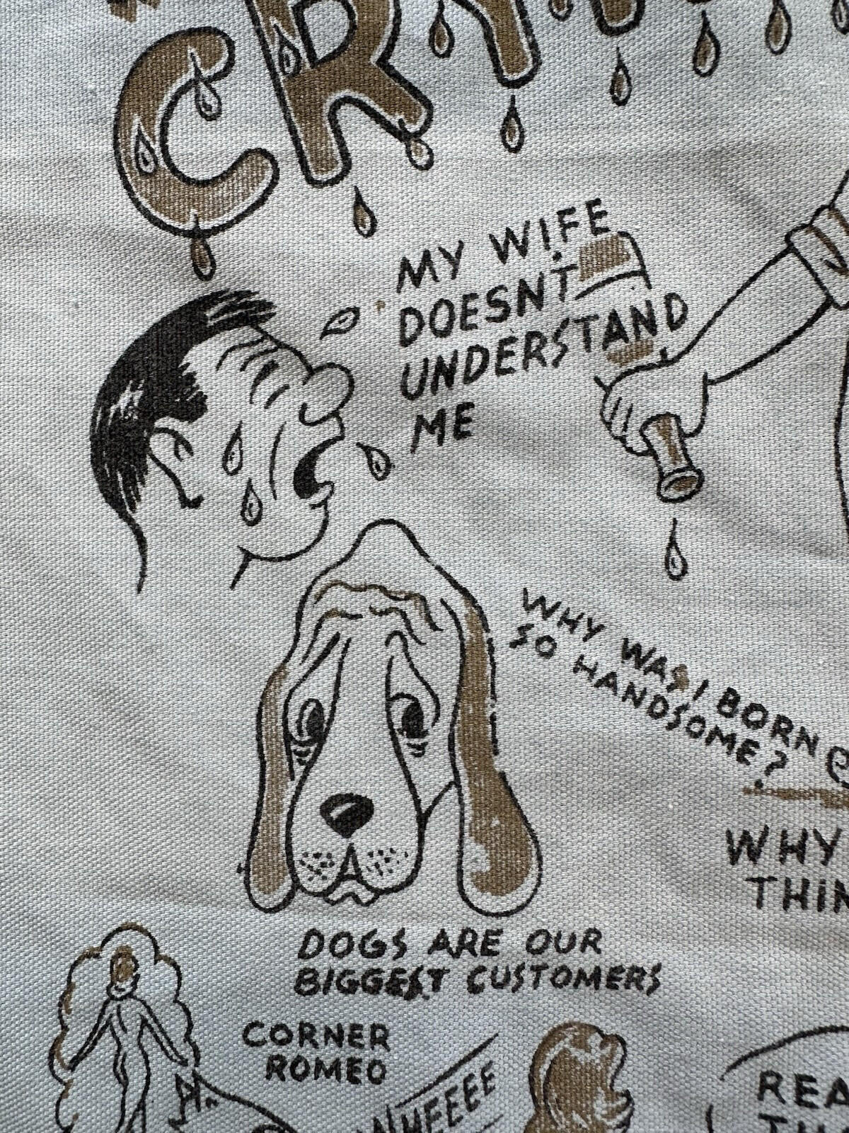 vintage 50's 60's bar ware TEA crying TOWEL cartoon comedy TATTOO FLASH