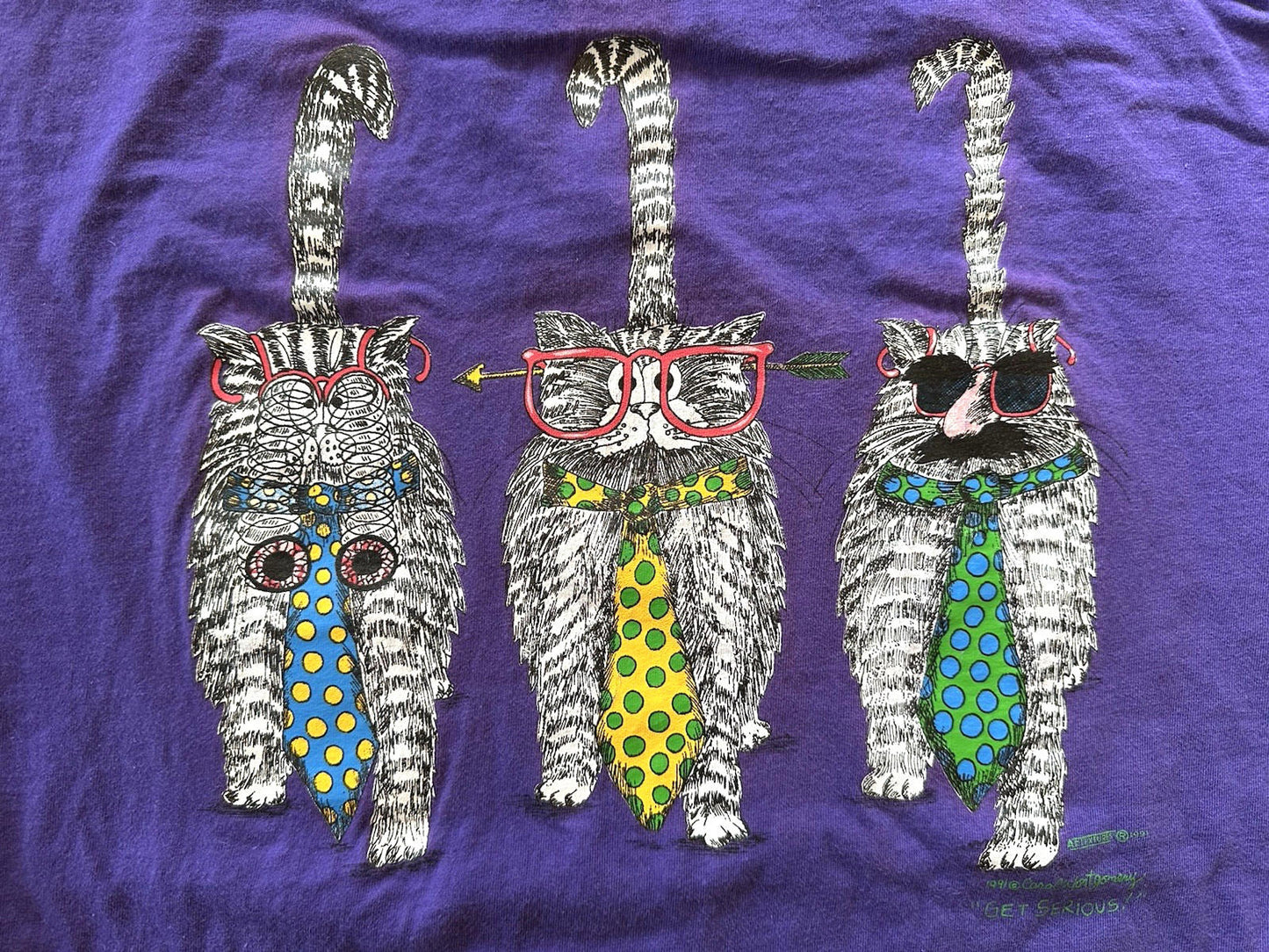 vintage 90's get serious CAT SHIRT three kitties in glasses and ties XL cartoon