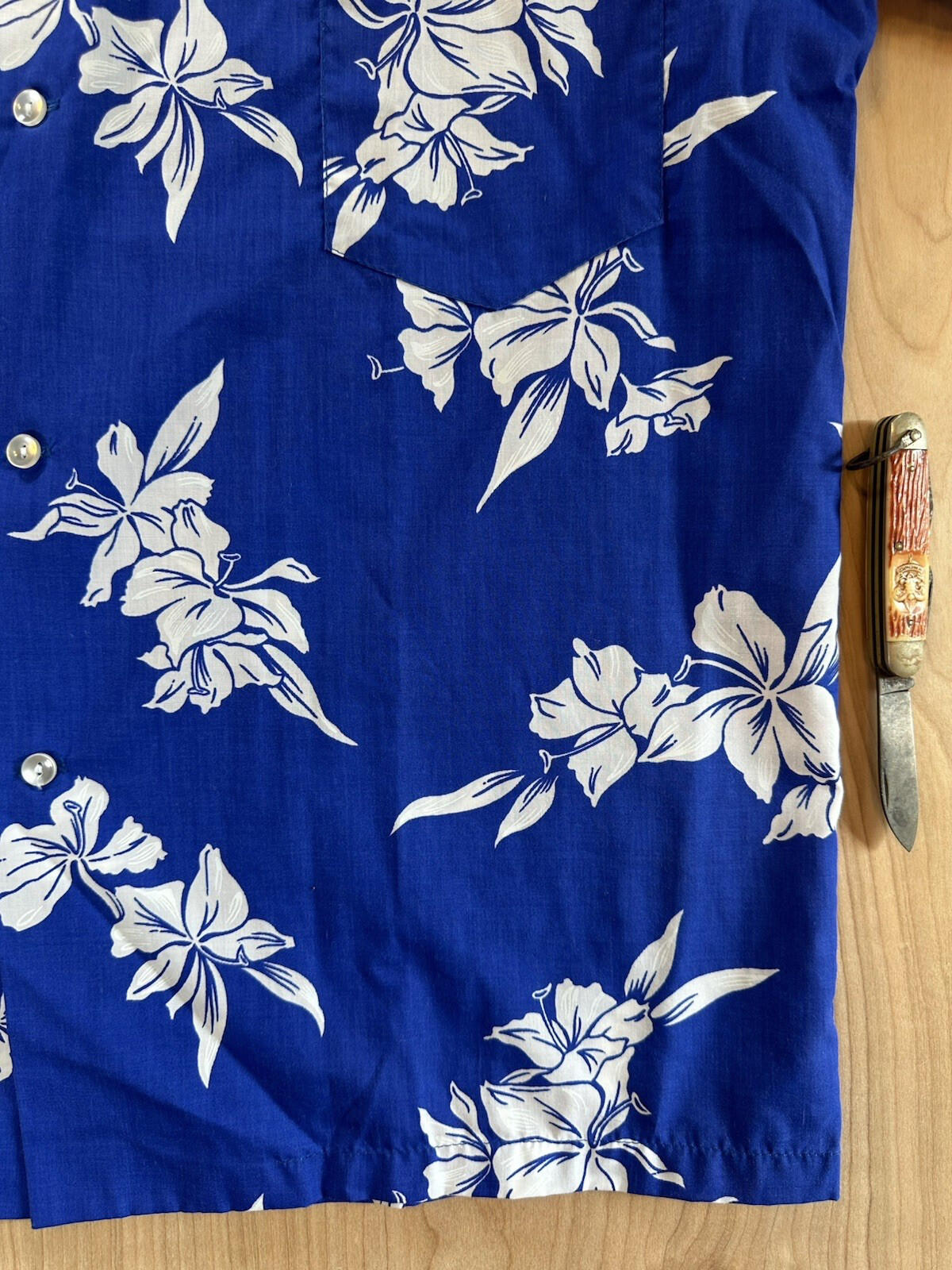 vintage 60's AIKANE HAWAIIN SHIRT Large UNWORN unwashed SUPER CRISP blue