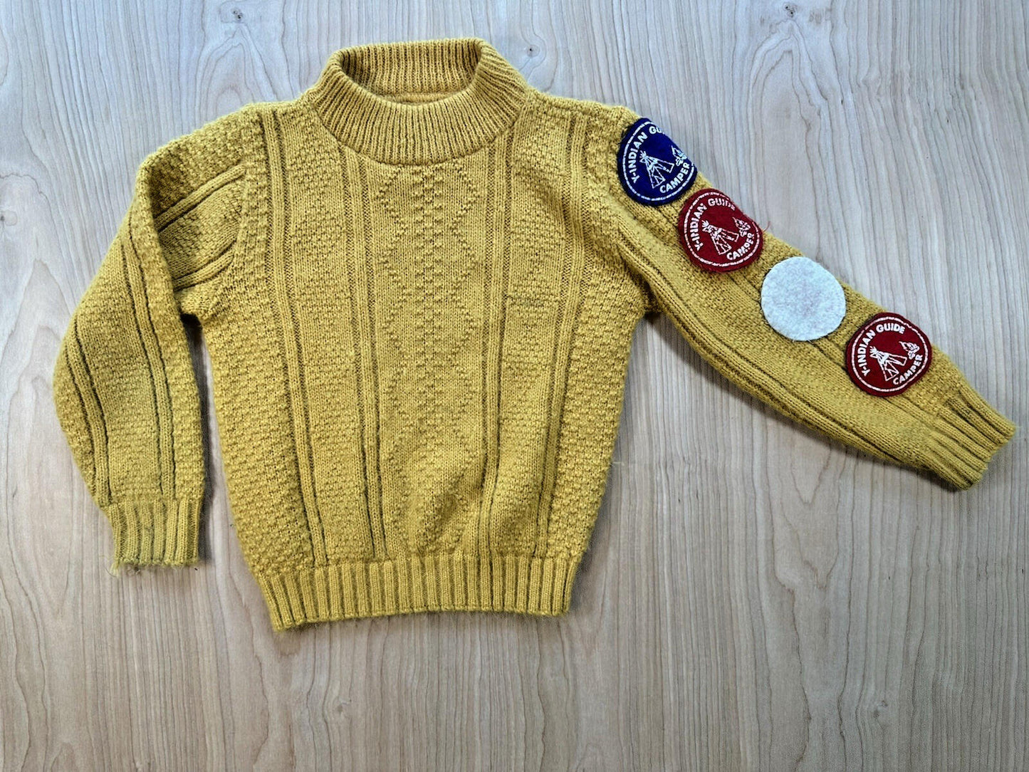 vintage kid size mustard yellow BOY SCOUT SWEATER mock neck home made 1970's