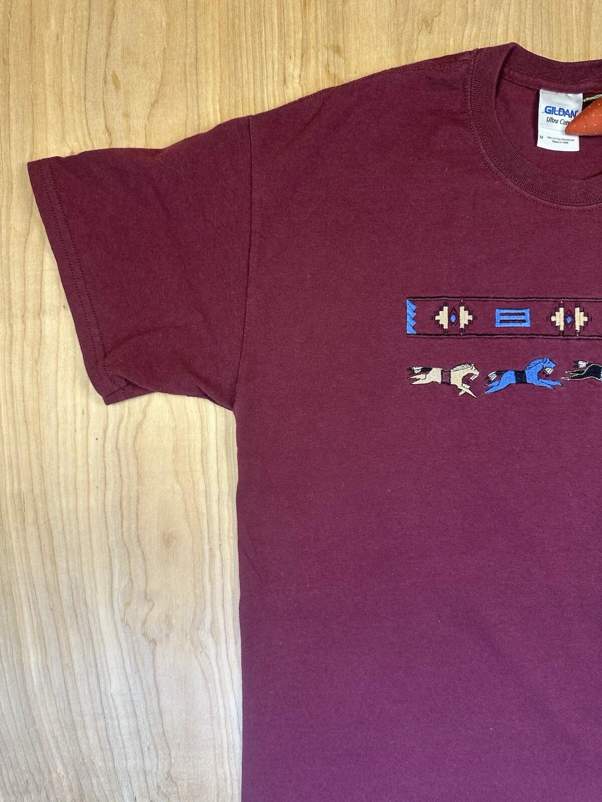 vintage 90's HORSES SOUTH WESTERN embroidered T SHIRT maroon MEDIUM indian AZTEC