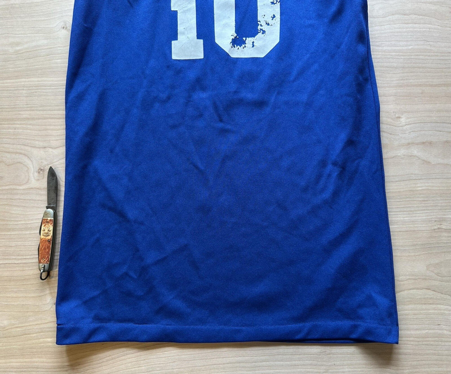 vintage 90's BASKETBALL jersey LARGE blue and white ringer FADED worn #10 NJHC