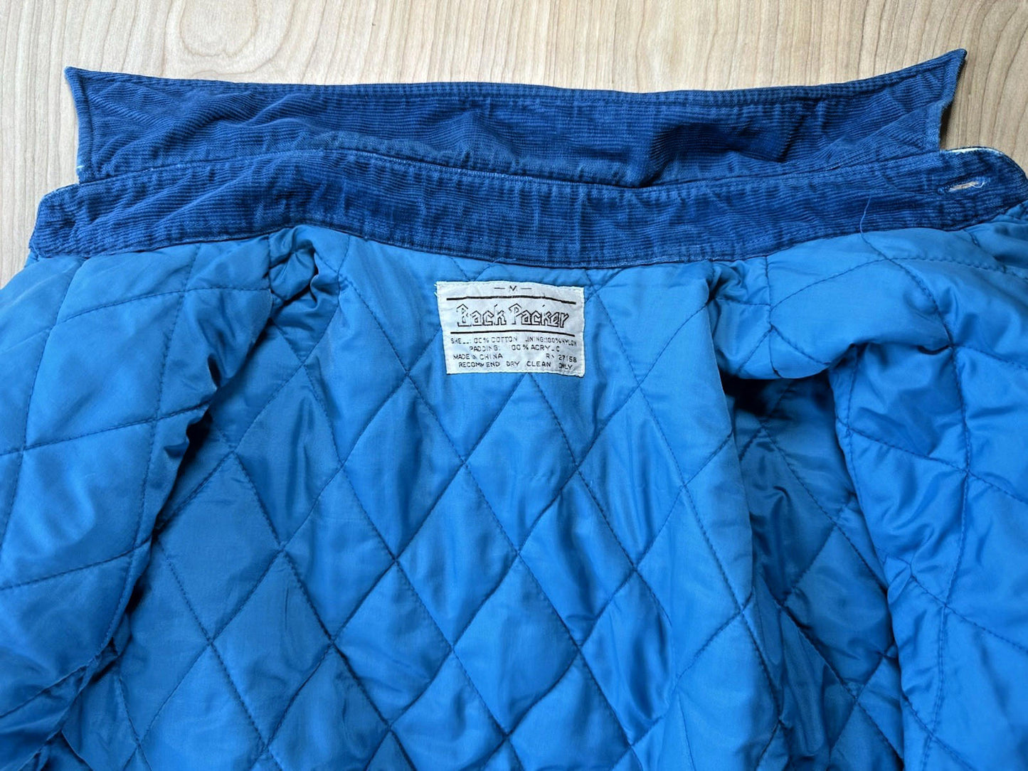 vintage 80's BACK PACKER blue CORDOROY quilted BUTTON UP pocket FIELD COAT gorp