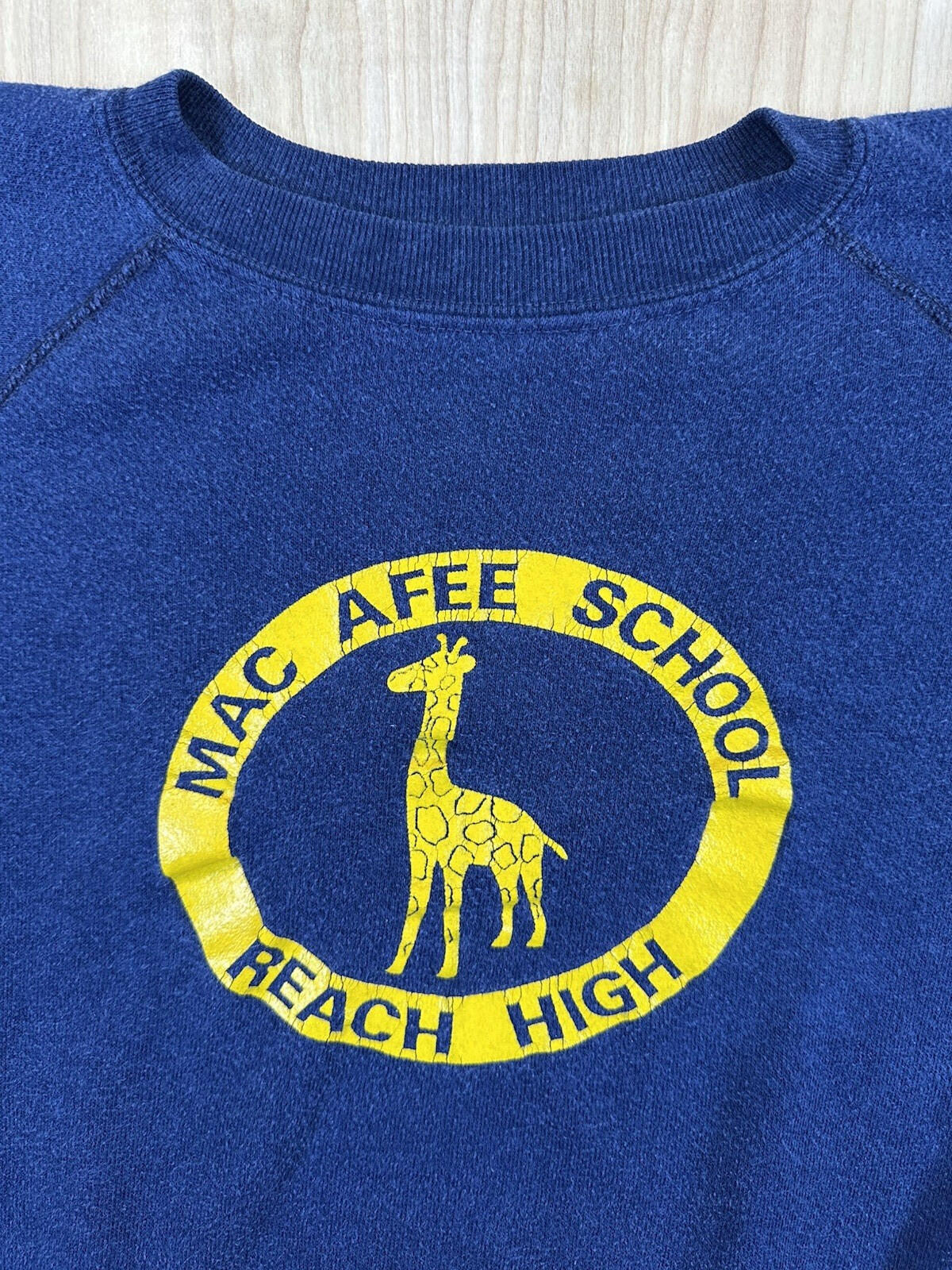 vintage 80's MAC AFEE SCHOOL sweatshirt GIRAFFE raglan BLUE small SOFT WORN wow