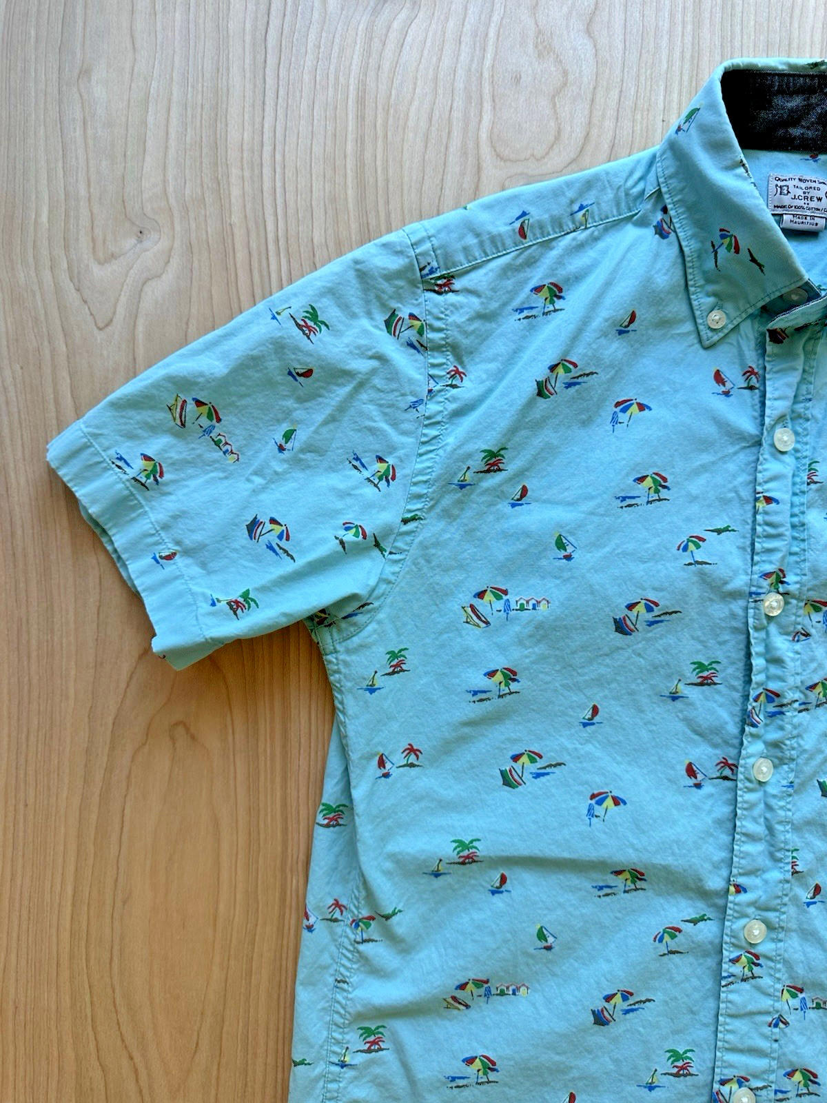 J CREW OXFORD beach print BUTTON UP teal SAILBOAT xtra small PREPPY