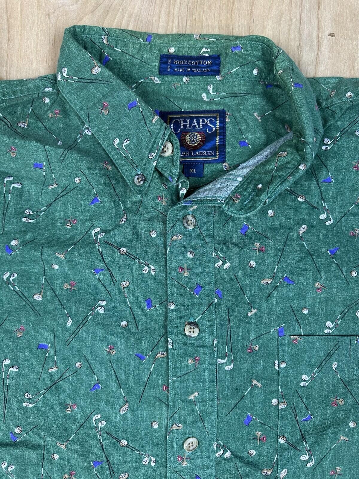 vintage 90's CHAPS RALPH LAUREN button down ALL OVER GOLF PRINT cotton XL green