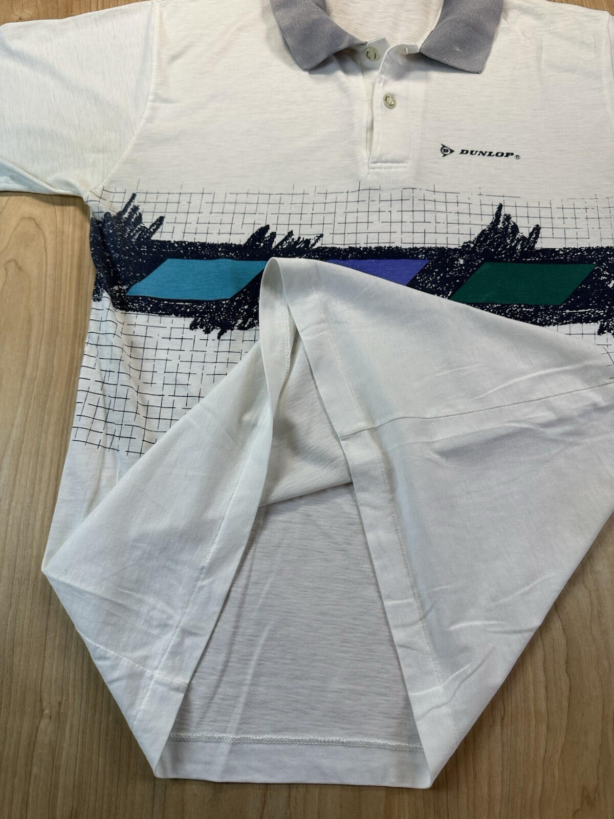 vintage 90's DUNLOP super faded POLO geometric design MEDIUM teal PURPLE preppy