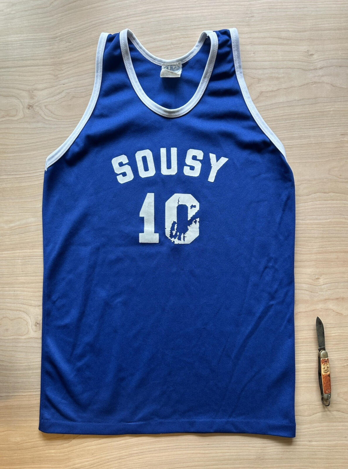vintage 90's BASKETBALL jersey LARGE blue and white ringer FADED worn #10 NJHC