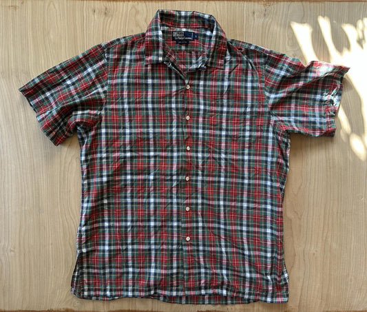 vintage 90's POLO RALPH LAUREN plaid CAMP COLLAR size LARGE striaght hem