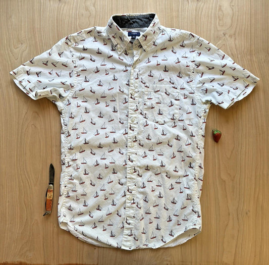J CREW OXFORD sailboat print BUTTON UP off white XTRA small PREPPY