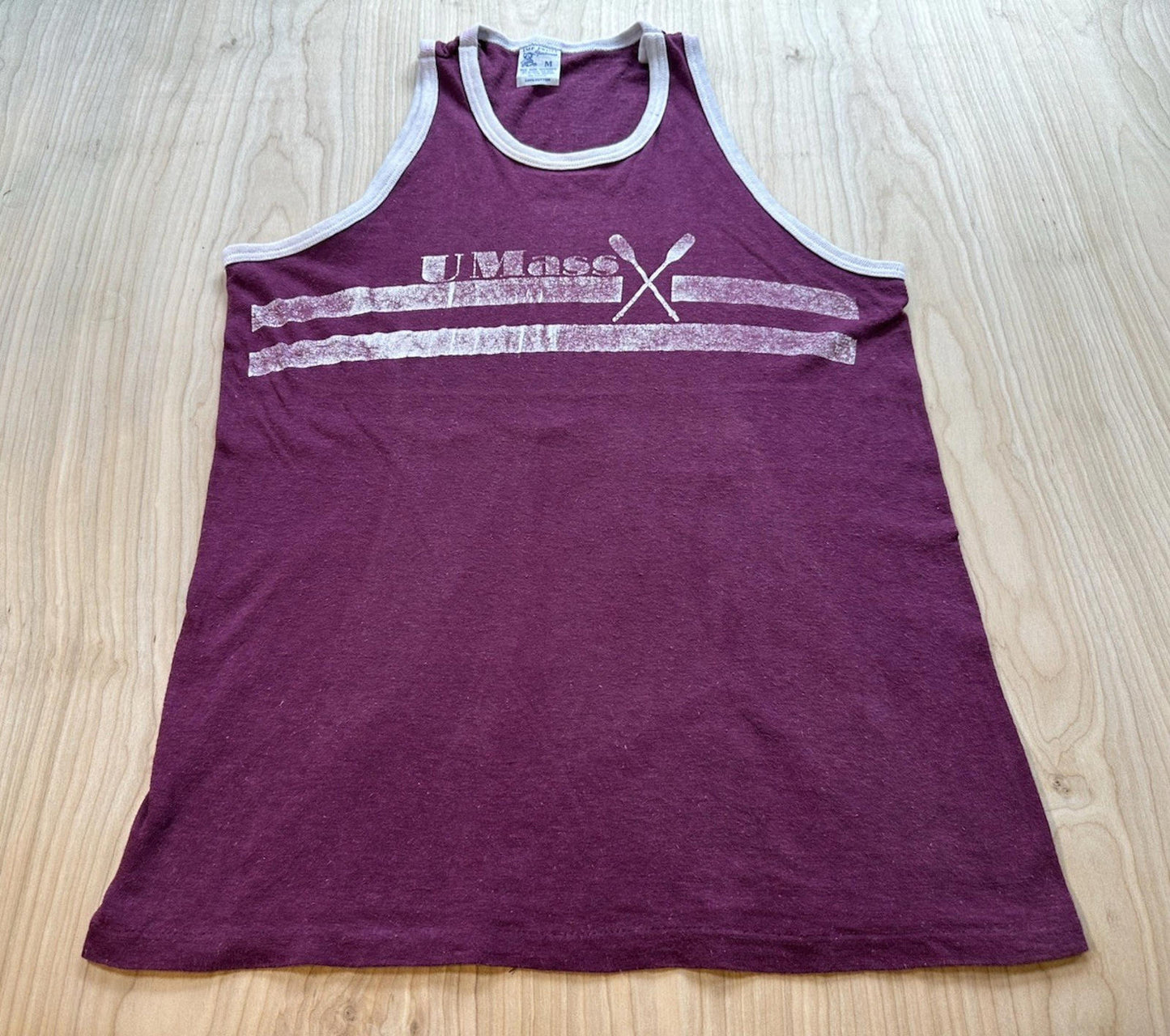 vintage 1970's U MASS WOMEN'S CREW tank top MAROON ringer MEDIUM worn imp print