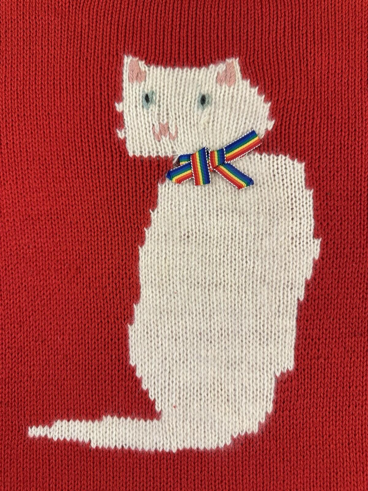 vintage 1980's CAT SWEATER handmade PUFFY SLEEVE red WHITE KITTY valley girl WOW