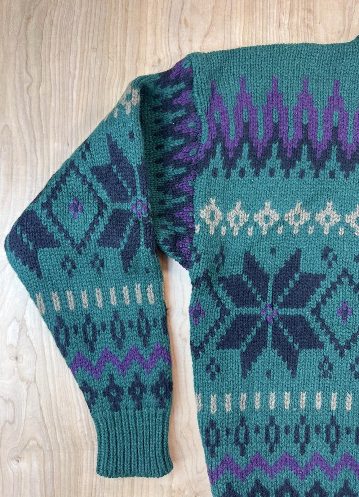 vintage 80's GAP 100% wool NORDIC SWEATER large GREEN purple PREPPY