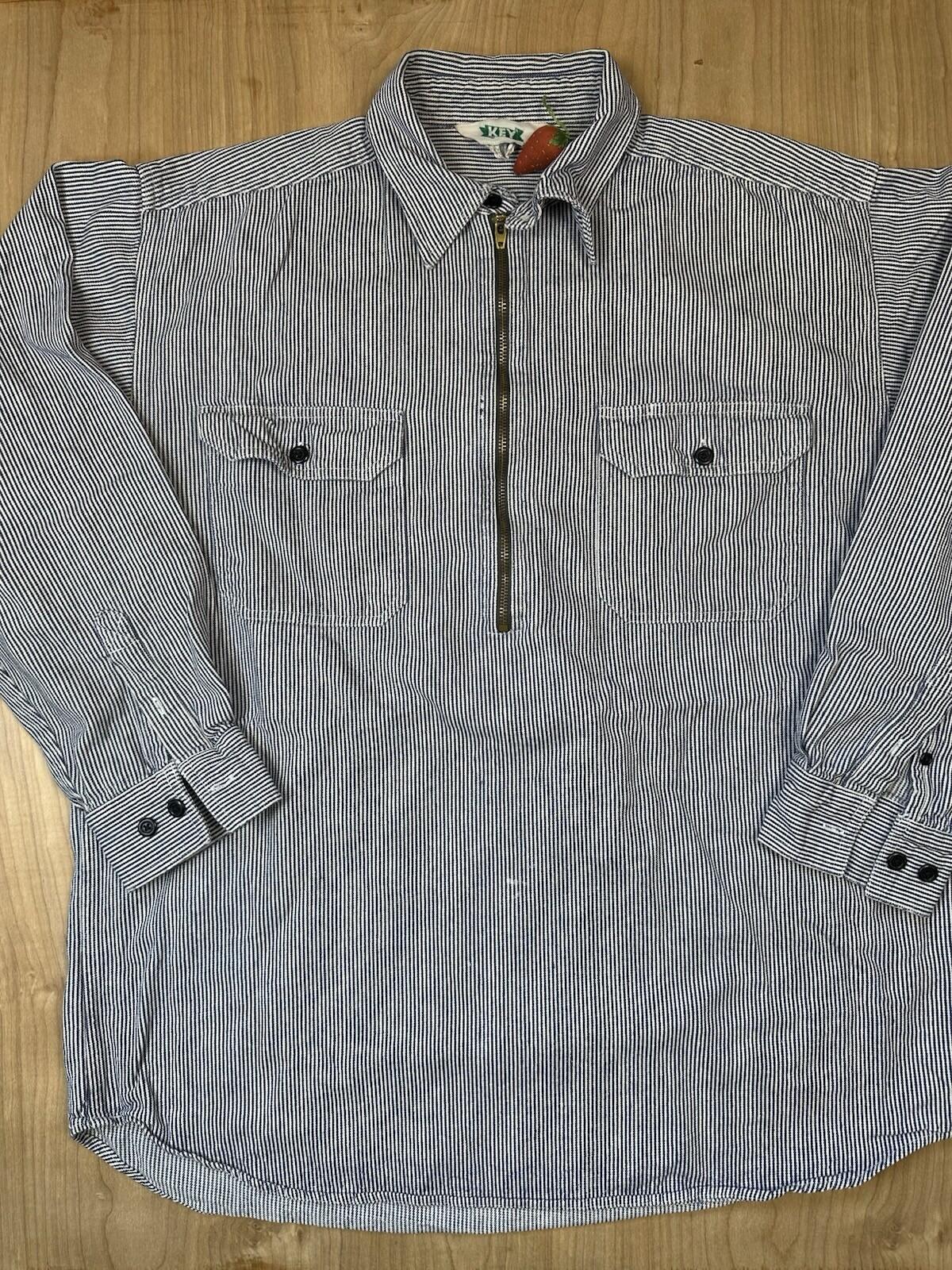 vintag 80's KEY hickory stripe logger workshirt COTTON large ZIP UP WORKWEAR