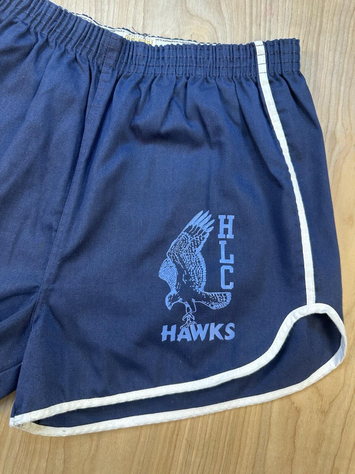 vintage 80's GYM SHORTS large BLUE with WHITE PIPING velva sheen HAWKS LOGO usa