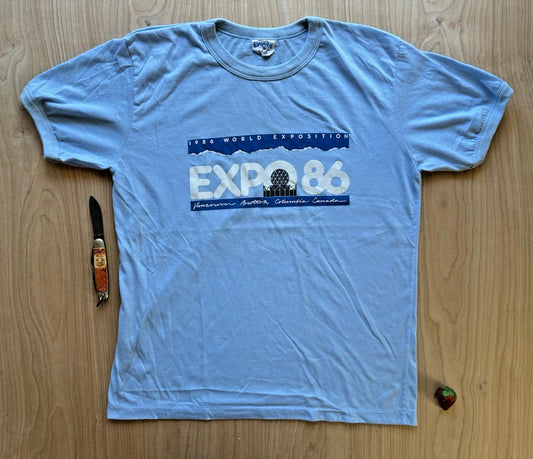 vintage 1986 WORLD EXPO t shirt VANCOUVER B.C. blue SINGLE STITCH official M/L