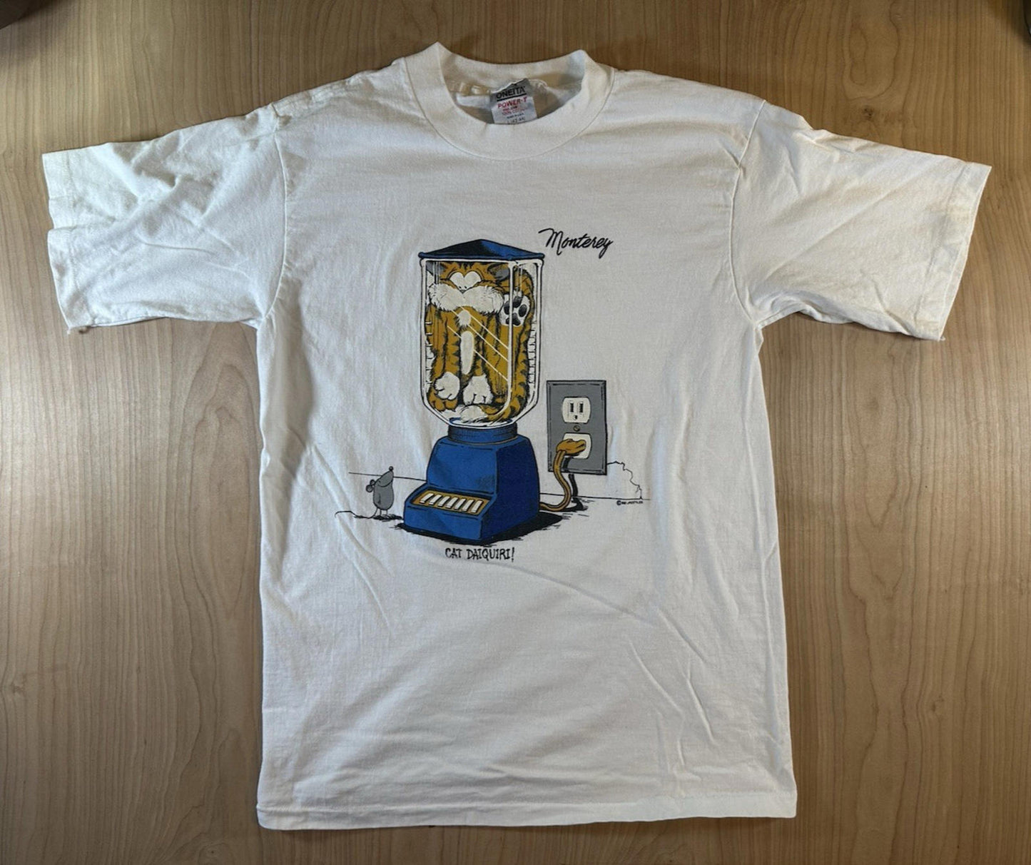 vintage 1986 CAT IN BLENDER cat daquiri MONTEREY california CARTOON T SHIRT