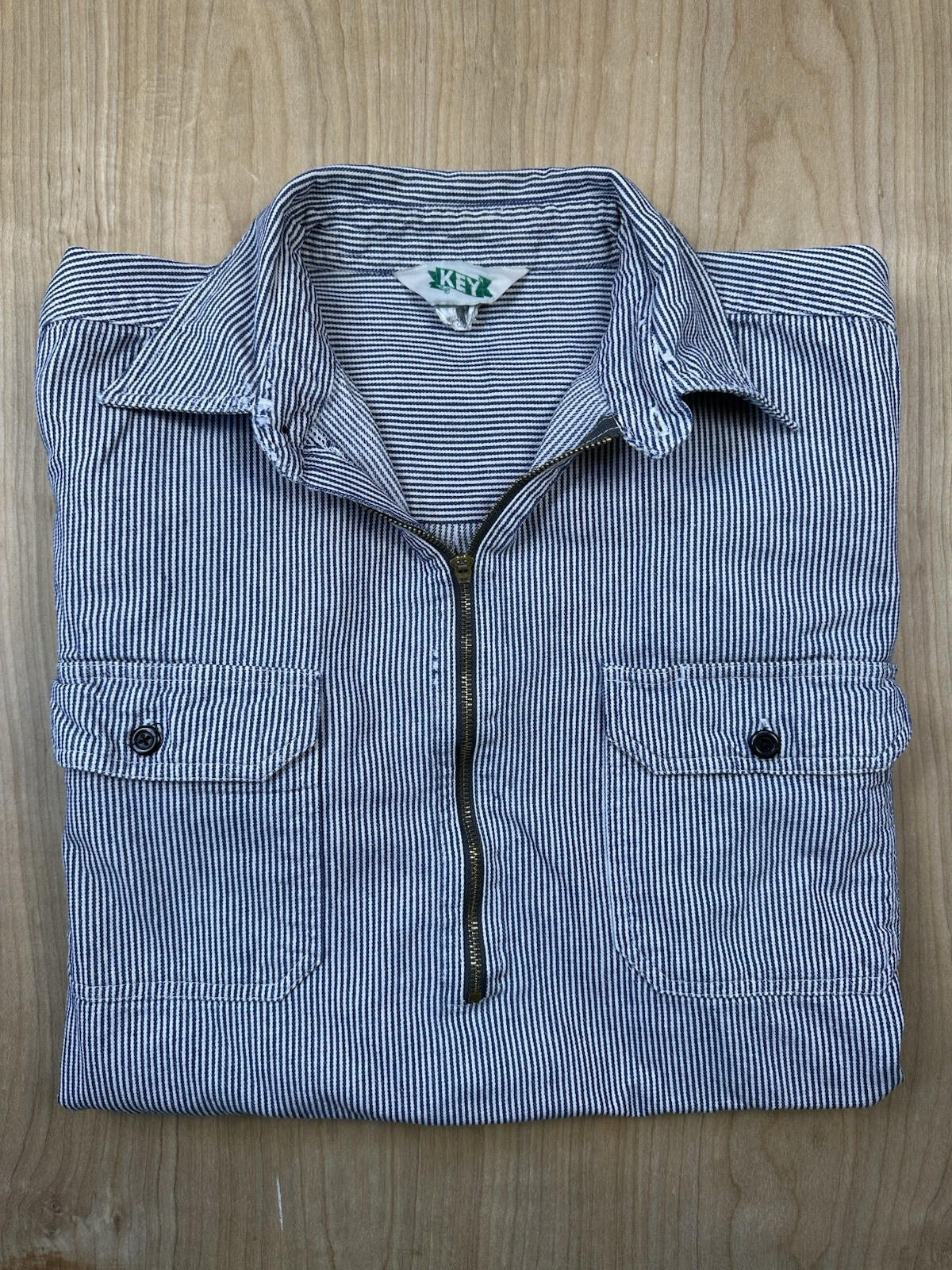 vintag 80's KEY hickory stripe logger workshirt COTTON large ZIP UP WORKWEAR
