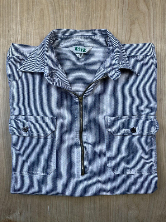 vintag 80's KEY hickory stripe logger workshirt COTTON large ZIP UP WORKWEAR