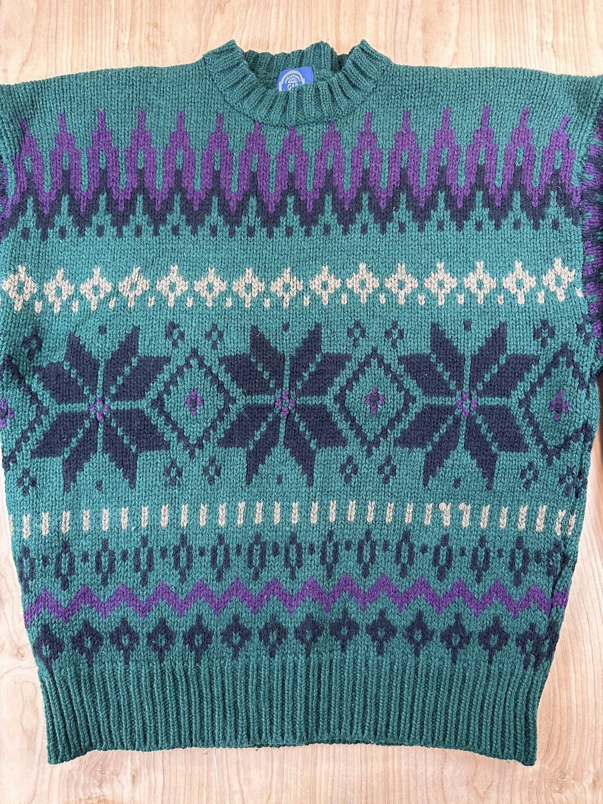 vintage 80's GAP 100% wool NORDIC SWEATER large GREEN purple PREPPY