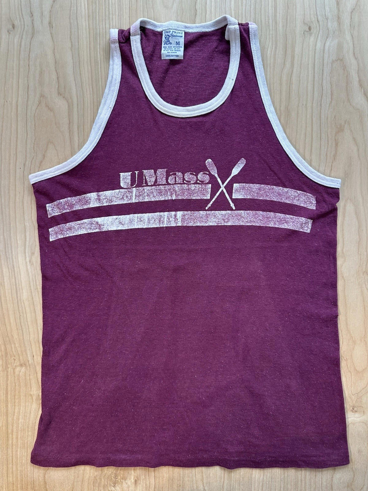 vintage 1970's U MASS WOMEN'S CREW tank top MAROON ringer MEDIUM worn imp print