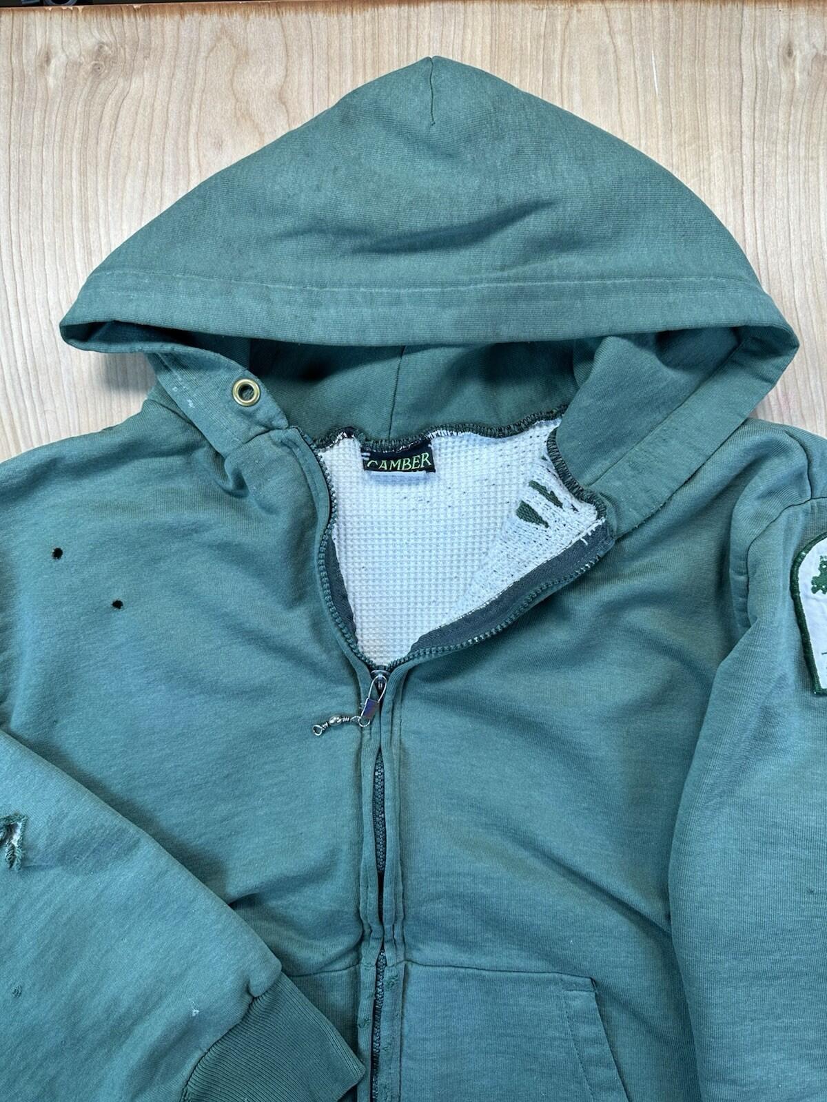vintage 80's CAMBER waffle lined SWEATSHIRT shredded GREEN parks service PATCH L