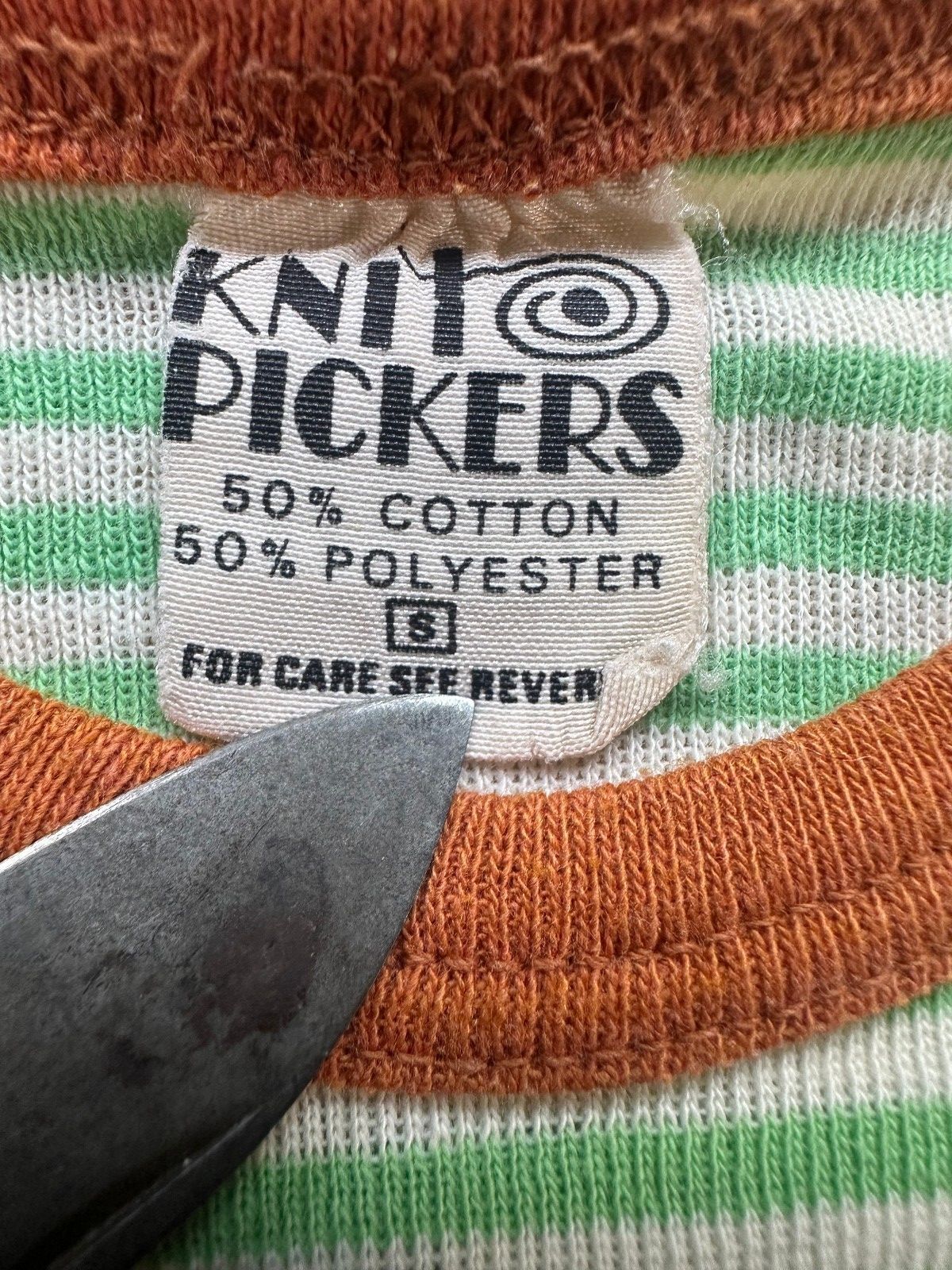 Vintage 70s Knit Pickers Striped Ribbed Knit top sm contrast binding cap sleeve