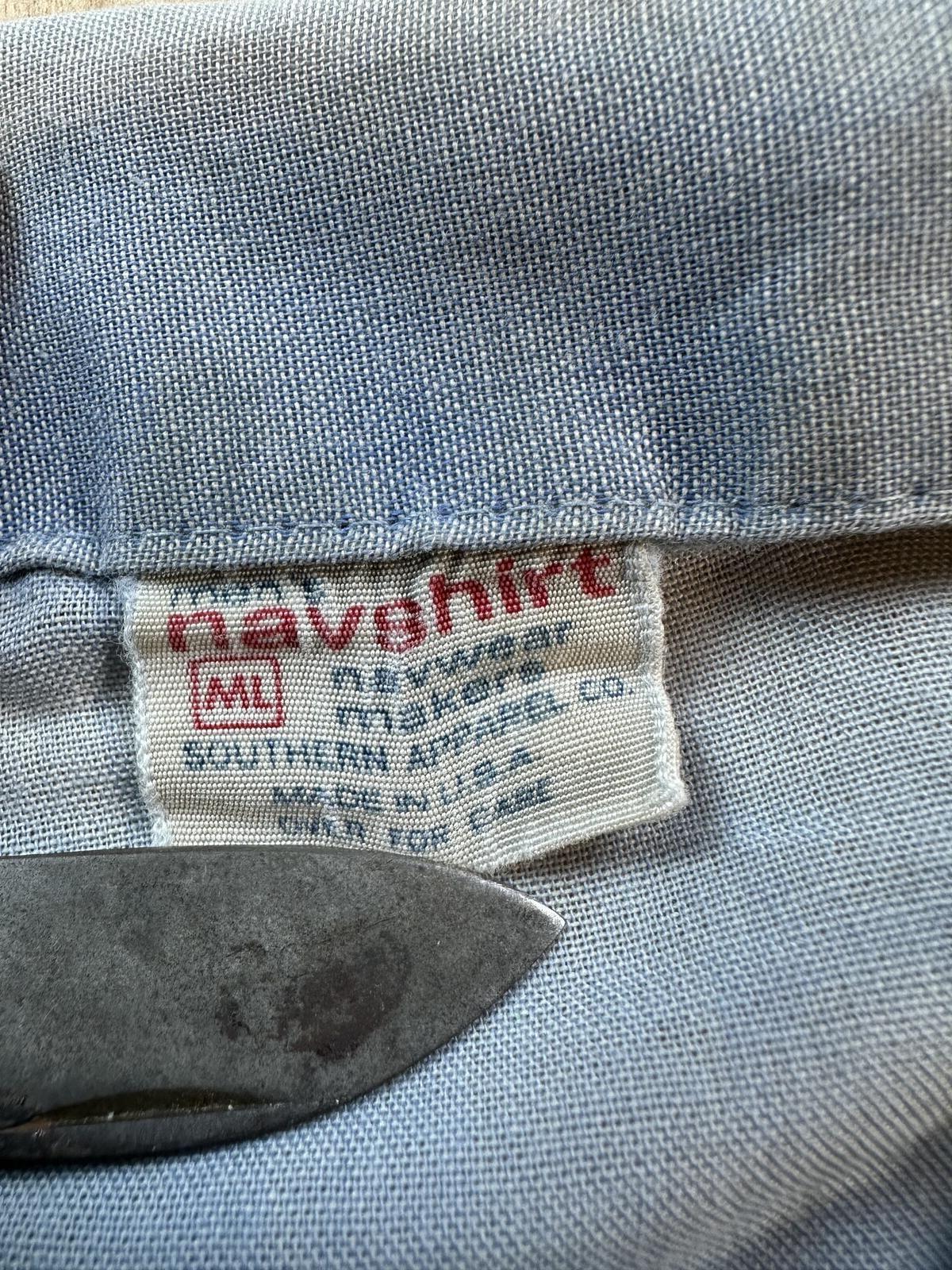 Vintage 80s Navy Chambray short sleeve Medium Navshirt Faded stenciled lt blue