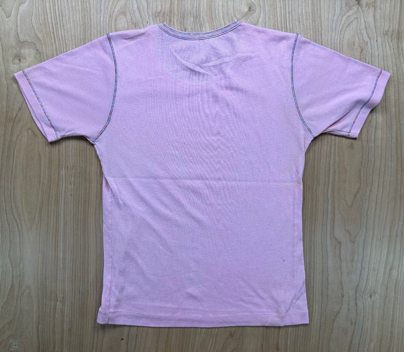 Vintage 70s Knit top contrast stitching small baby t scoopneck pink ribbed girly