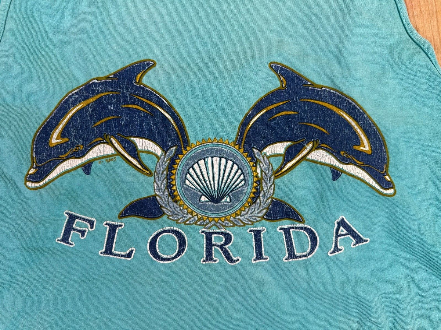 Vintage 80s Florida tank top medium dolphins green blue shells beach summer